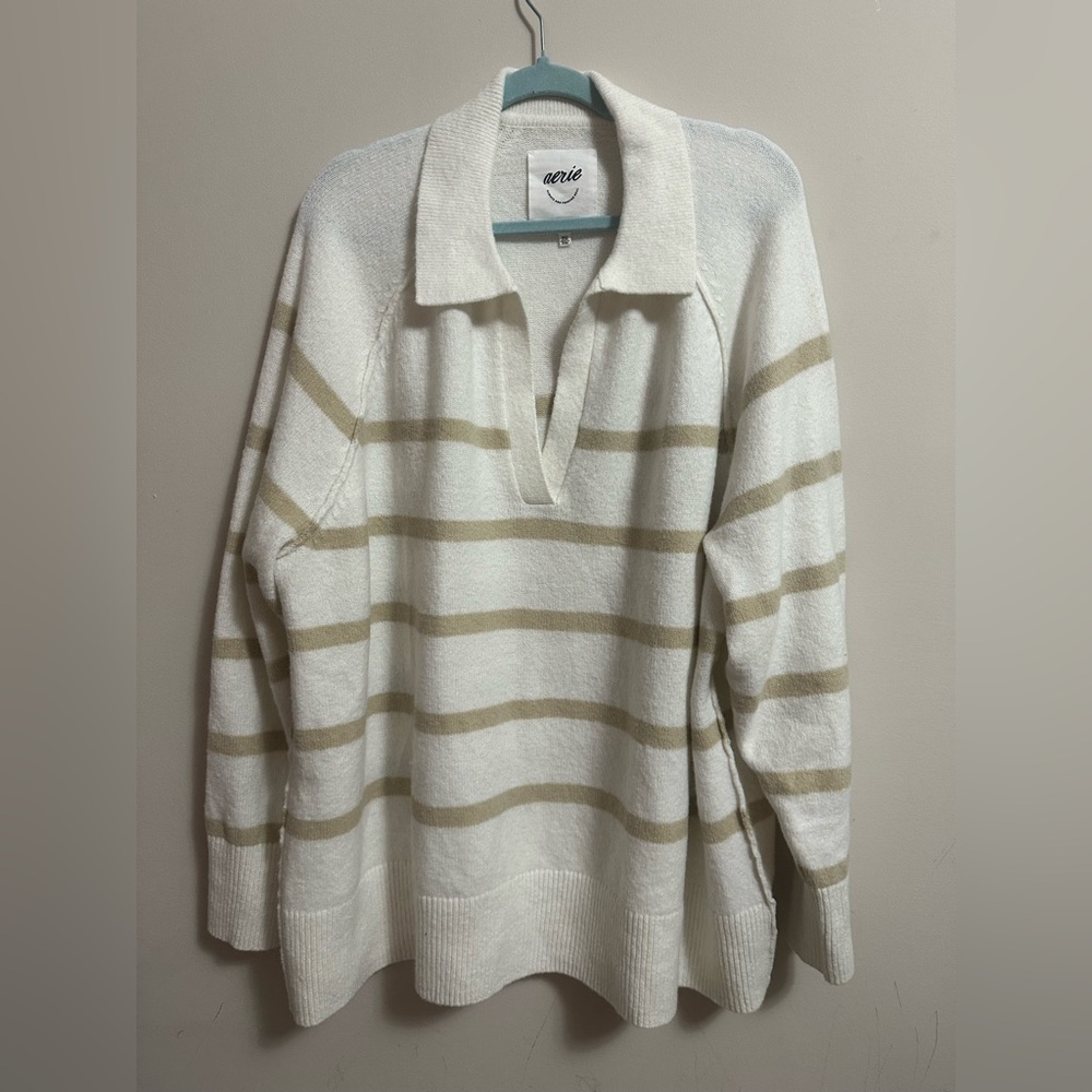 Aerie Collared V-Neck Striped Sweater Ivory Beige Size XL